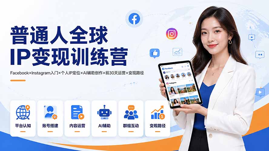 普通人全球IP变现训练营：Facebook×Instagram入门×个人IP定位×AI辅助创作×前30天运营×变现路径-佰因轻创网