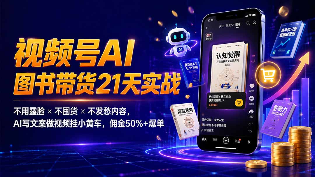 繁花视频号AI图书带货21天实战：不用露脸×不囤货×不发愁内容，AI写文案做视频挂小黄车，佣金50%+爆单-佰因轻创网