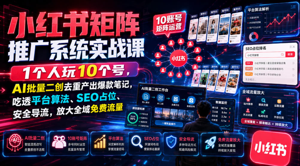 小红书矩阵推广系统实战课｜1个人玩10个号，AI批量二创去重产出爆款笔记，吃透平台算法、SEO占位、安全导流，放大全域免费流量-佰因轻创网