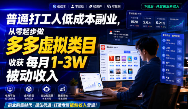 普通打工人低成本副业，从零起步做多多虚拟类目，收获每月1-3W被动收入【揭秘】-佰因轻创网