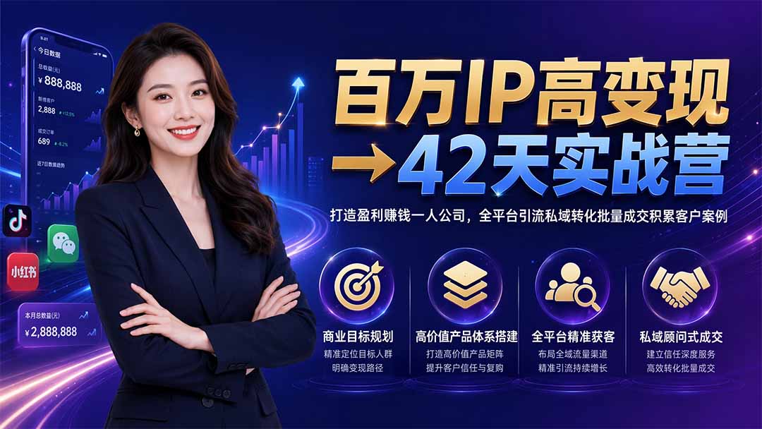 百万IP高变现→42天实战营｜打造盈利赚钱一人公司，全平台引流私域转化批量成交积累客户案例-佰因轻创网