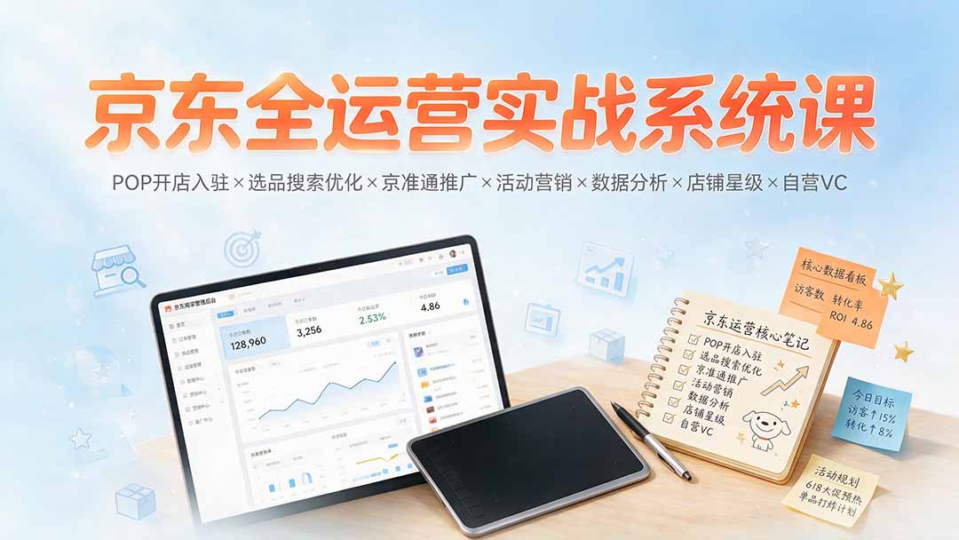京东全运营实战系统课：POP开店入驻×选品搜索优化×京准通推广×活动营销×数据分析×店铺星级×自营VC-佰因轻创网