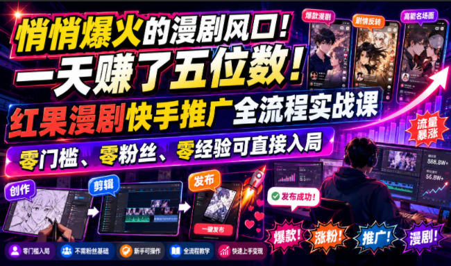 悄悄爆火的漫剧风口！一天賺了五位数！红果漫剧快手推广全流程实战课，零门槛、零粉丝、零经验可直接入局-佰因轻创网