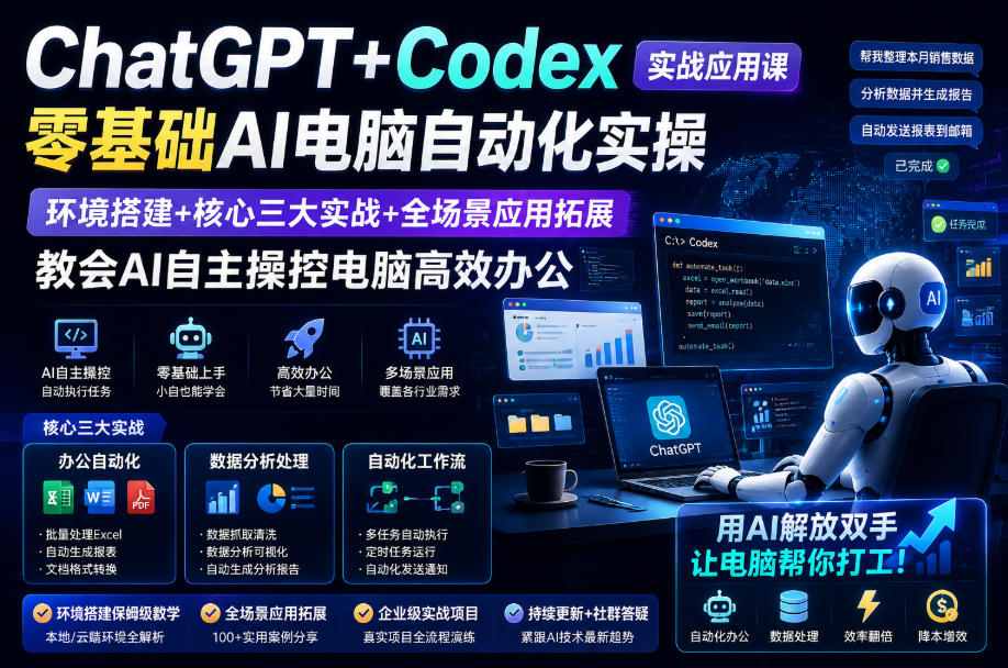 ChatGPT+Codex实战应用课｜零基础AI电脑自动化实操，环境搭建+核心三大实战+全场景应用拓展，教会AI自主操控电脑高效办公-佰因轻创网