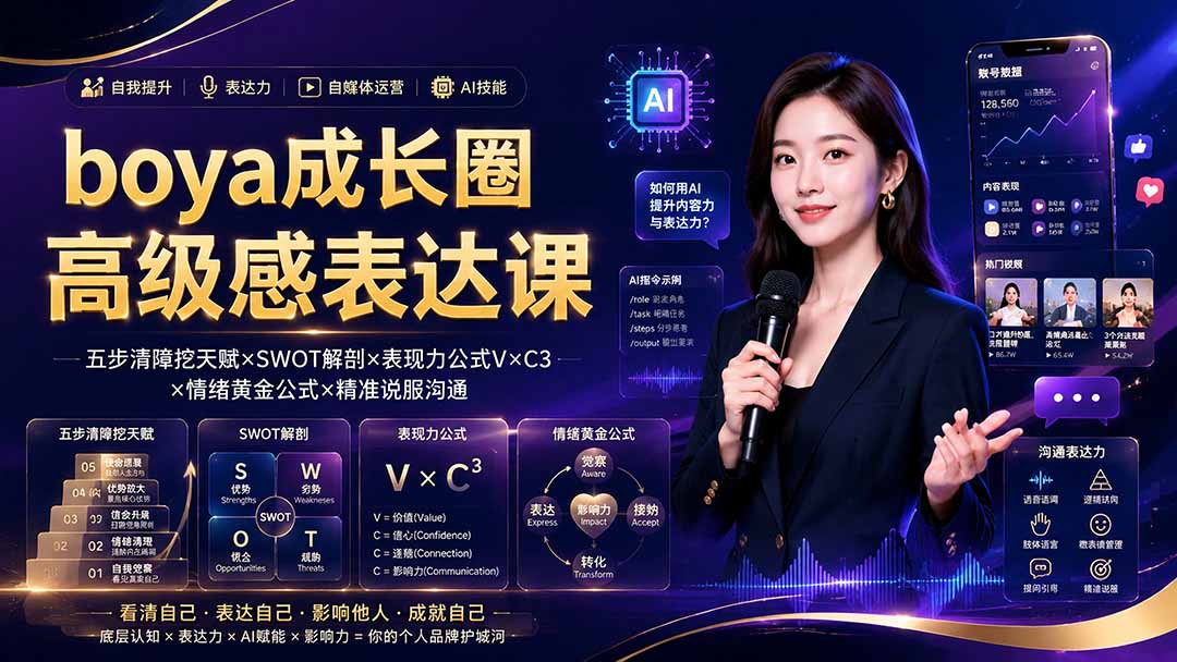 boya成长圈｜内心成长高级表达AI自媒体三合一，消解内耗挖掘天赋，镜头沟通AI指令短视频全流程教学-佰因轻创网
