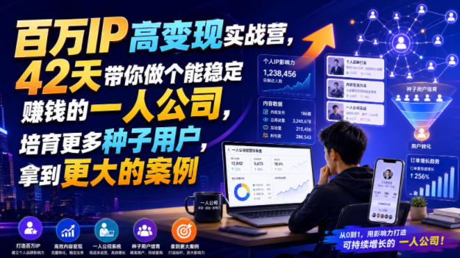 百万IP高变现实战营，42天带你做个能稳定賺钱的一人公司，培育更多种子用户，拿到更大的案例-佰因轻创网