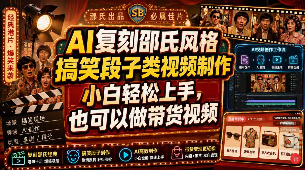 AI复刻邵氏风格搞笑段子类视频制作，小白轻松上手，也可以做带货视频-佰因轻创网