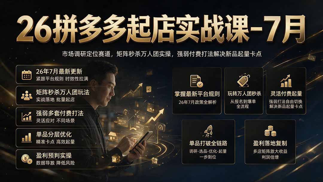 26拼多多起店实战课-7月｜市场调研定位赛道，矩阵秒杀万人团实操，强弱付费打法解决新品起量卡点-佰因轻创网
