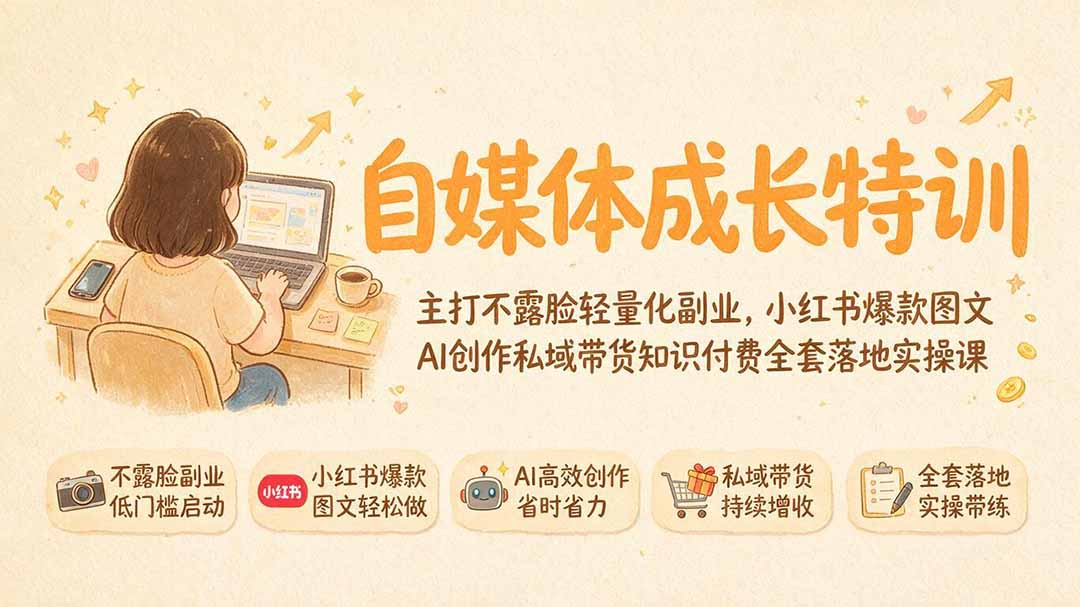 自媒体成长特训｜主打不露脸轻量化副业，小红书爆款图文AI创作私域带货知识付费全套落地实操课-佰因轻创网