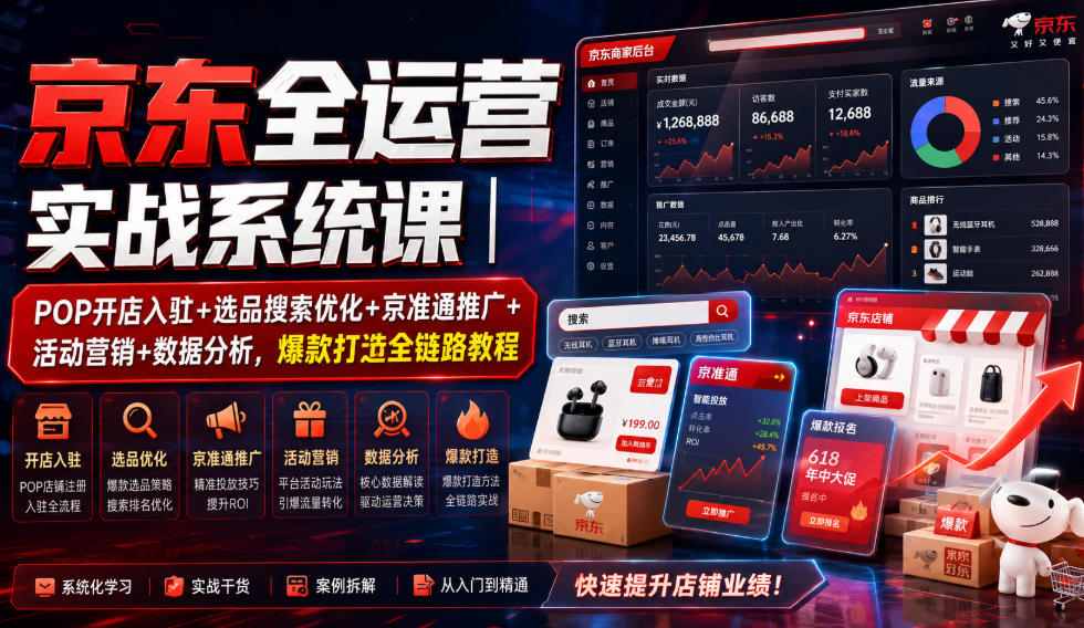 京东全运营实战系统课｜POP开店入驻+选品搜索优化+京准通推广+活动营销+数据分析，爆款打造全链路教程-佰因轻创网
