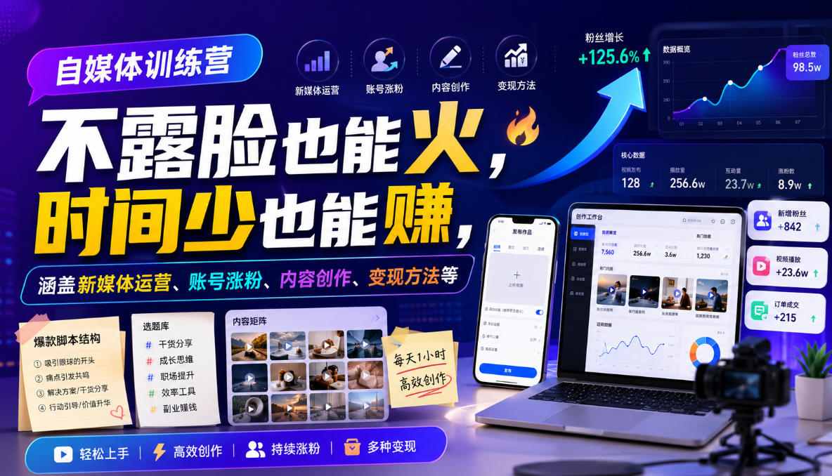 自媒体训练营，不露脸也能火，时间少也能賺，涵盖新媒体运营、账号涨粉、内容创作、变现方法等-佰因轻创网