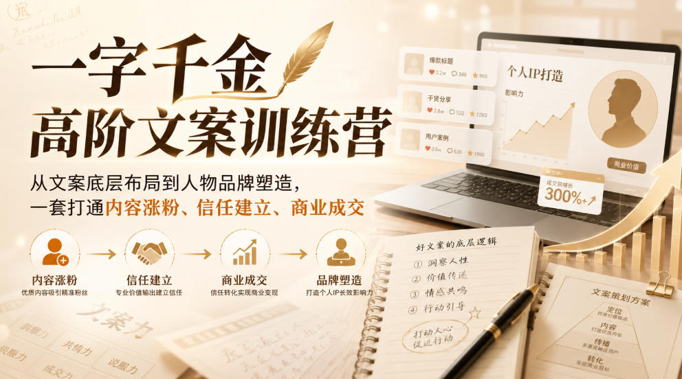 一字千金高阶文案训练营,从文案底层布局到人物品牌塑造,一套打通内容涨粉、信任建立、商业成交-佰因轻创网