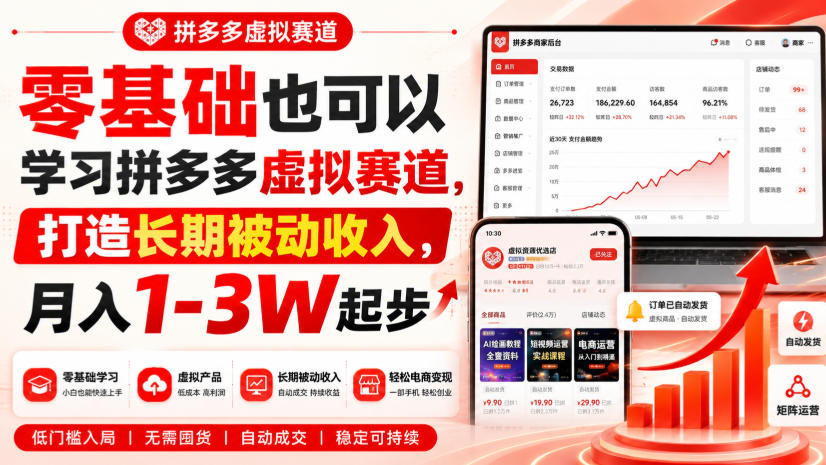 零基础也可以学习拼多多虚拟赛道，打造长期被动收入，月入1-3W起步-佰因轻创网