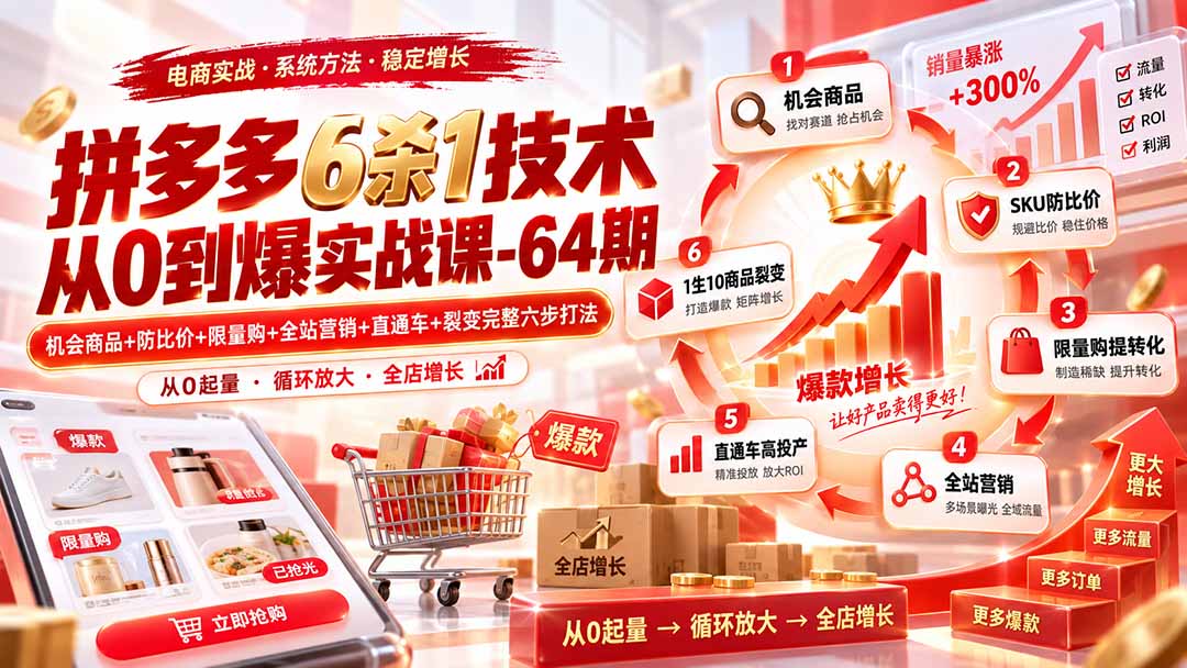 拼多多6杀1技术从0到爆实战课-64期：机会商品+防比价+限量购+全站营销+直通车+裂变完整六步打法-佰因轻创网