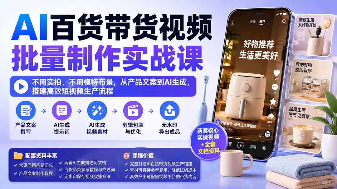 AI百货带货视频批量制作实战课：不用实拍、不用模特布景，从产品文案到AI生成，搭建高效短视频生产流程-佰因轻创网