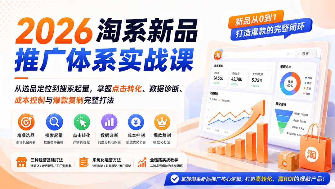 2026淘系新品推广体系实战课:从选品定位到搜索起量,掌握点击转化、数据诊断、成本控制与爆款复制完整打法-佰因轻创网