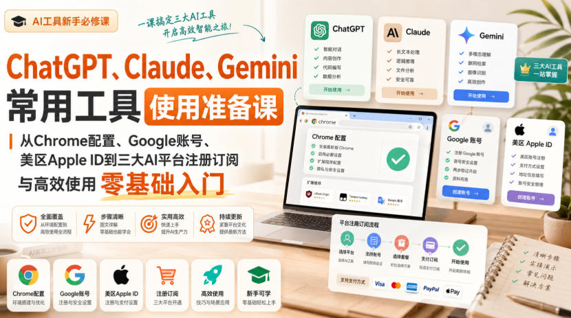 ChatGPT、Claude、Gemini常用工具使用准备课｜从Chrome配置、Google账号、美区Apple ID到三大AI平台注册订阅与高效使用零基础入门-佰因轻创网