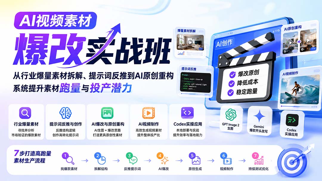 AI视频素材爆改实战班-更新8月：从行业爆量素材拆解、提示词反推到AI原创重构，系统提升素材跑量与投产潜力-佰因轻创网