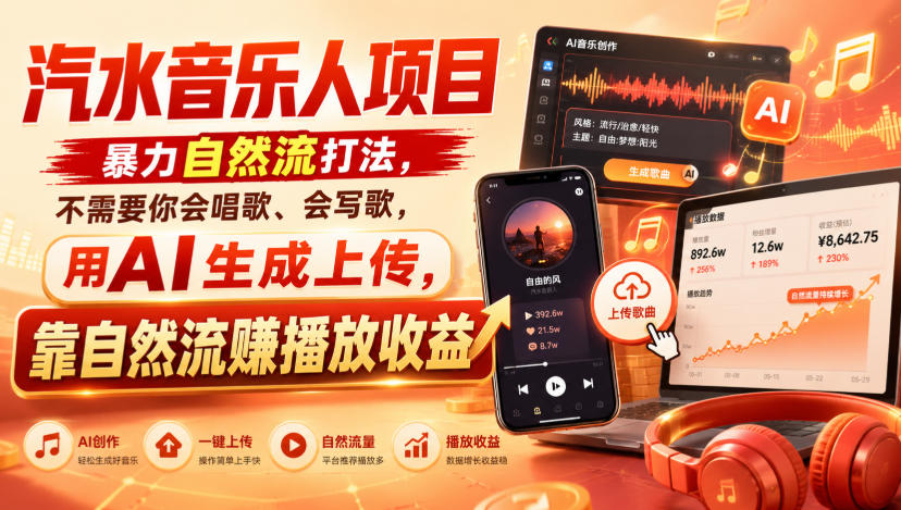 汽水音乐人项目，暴力自然流打法，不需要你会唱歌、会写歌，用AI生成上传，靠自然流賺播放收益-佰因轻创网