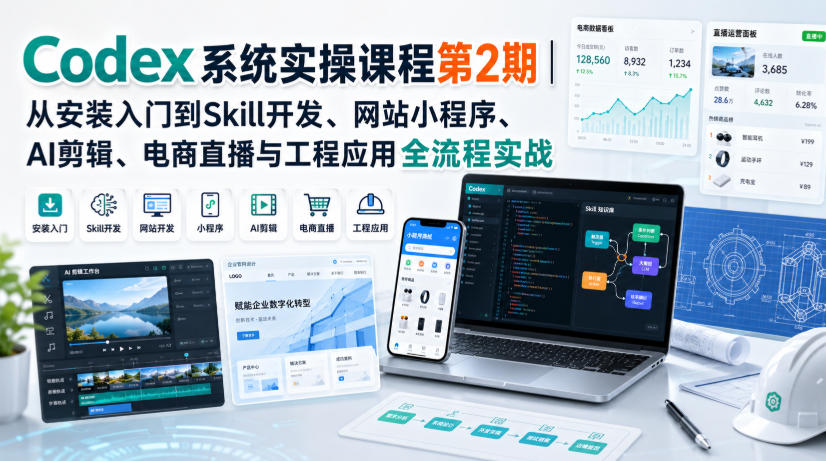 Codex系统实操课程第2期｜从安装入门到Skill开发、网站小程序、AI剪辑、电商直播与工程应用全流程实战-佰因轻创网