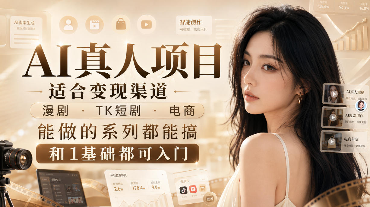 AI真人项目，适合变现渠道，漫剧，TK短剧，电商，能做的系列都能搞，0和1基础都可入门-佰因轻创网