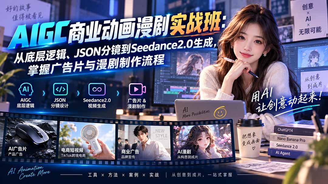 AIGC商业动画漫剧实战班-更新：从底层逻辑、JSON分镜到Seedance2.0生成，掌握广告片与漫剧制作流程-佰因轻创网