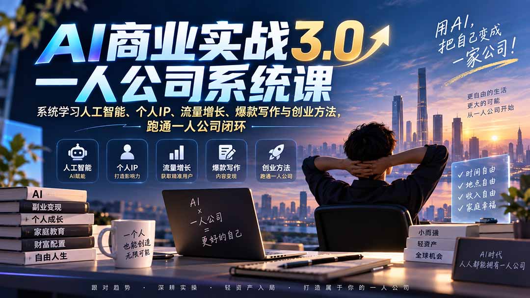 AI商业实战3.0一人公司系统课：系统学习人工智能、个人IP、流量增长、爆款写作与创业方法，跑通一人公司闭环-佰因轻创网