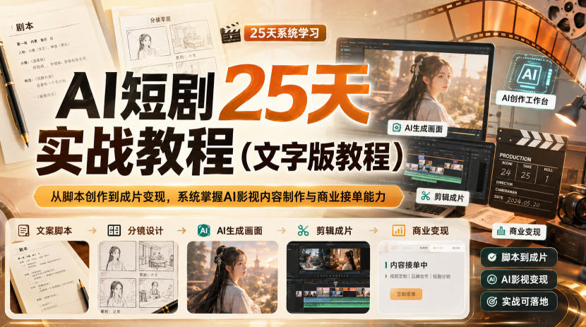 AI短剧25天实战教程(文字版教程)，从脚本创作到成片变现，系统掌握AI影视内容制作与商业接单能力-佰因轻创网