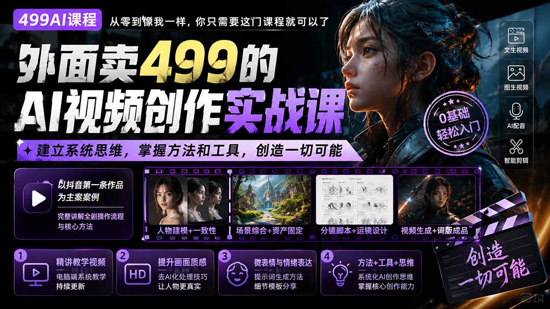 外面卖499的AI视频创作实战课：建立系统思维，掌握方法和工具，创造一切可能。-佰因轻创网