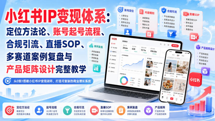 小红书IP变现体系:定位方法论、账号起号流程、合规引流、直播SOP、多赛道案例复盘与产品矩阵设计完整教学-佰因轻创网
