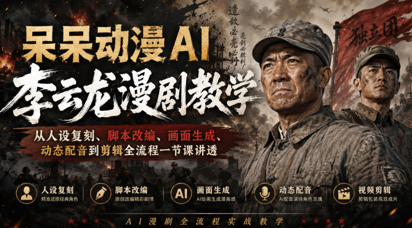 呆呆动漫AI李云龙漫剧教学，从人设复刻、脚本改编、画面生成、动态配音到剪辑全流程一节课讲透-佰因轻创网