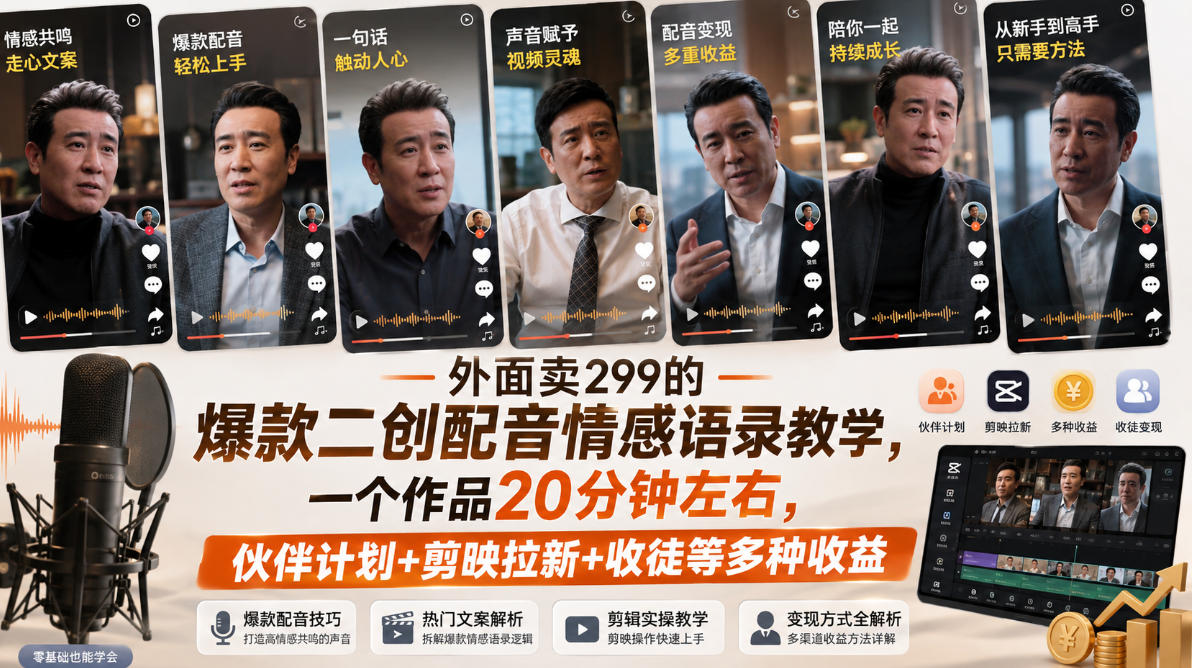 外面卖299的爆款二创配音情感语录教学，一个作品20分钟左右，伙伴计划+剪映拉新+收徒等多种收益-佰因轻创网