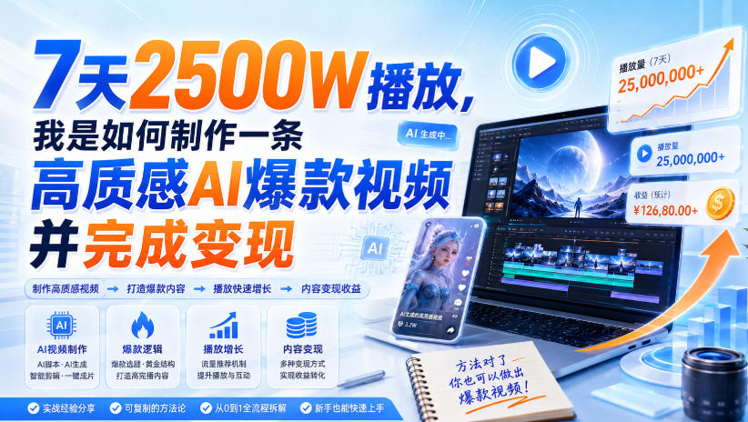 7天2500W播放，我是如何制作一条高质感AI爆款视频并完成变现-佰因轻创网