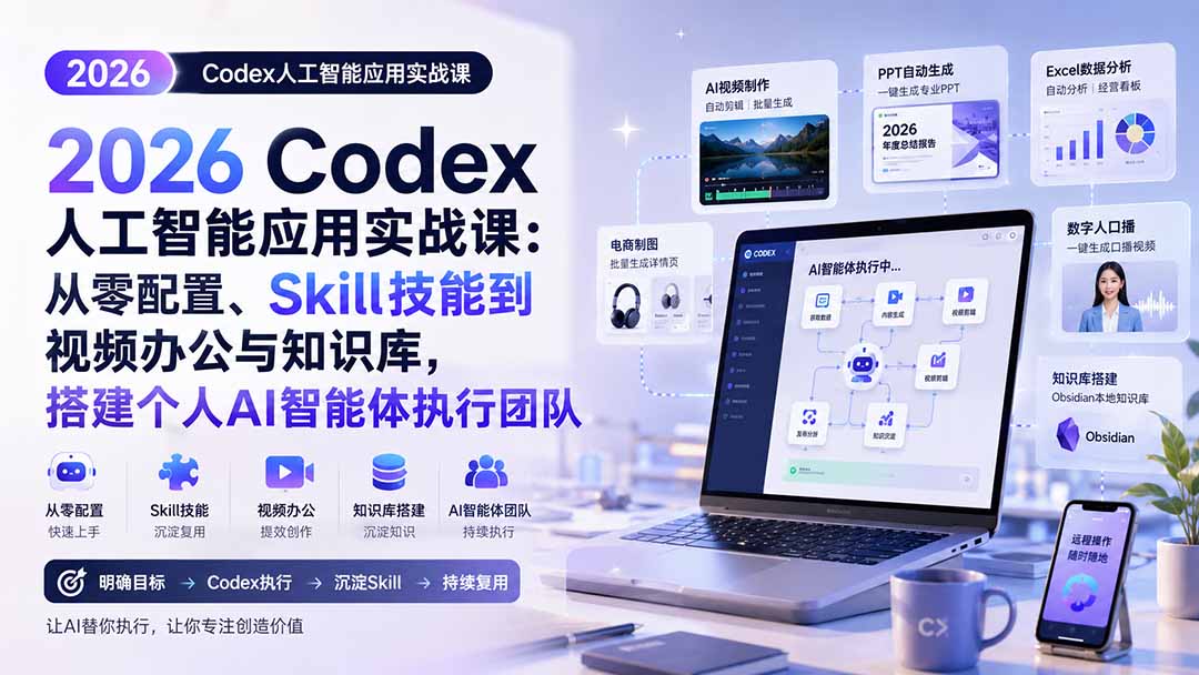 2026 Codex人工智能应用实战课：从零配置、Skill技能到视频办公与知识库，搭建个人AI智能体执行团队-佰因轻创网