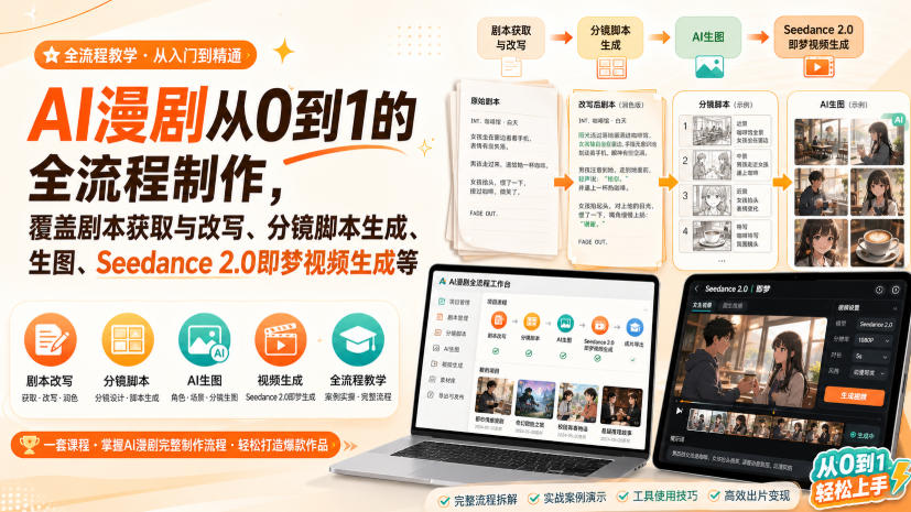 AI漫剧从0到1的全流程制作，覆盖剧本获取与改写、分镜脚本生成、角色场景生图与三视图、Seedance 2.0即梦视频生成(PDF版)-佰因轻创网