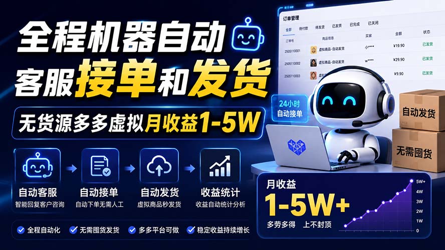 全程机器自动客服接单和发货，无货源多多虚拟月收益1-5W-佰因轻创网