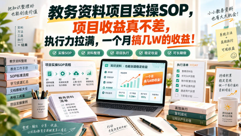 教务资料项目实操SOP，项目收益真不差，执行力拉满，一个月搞几W的收益-佰因轻创网