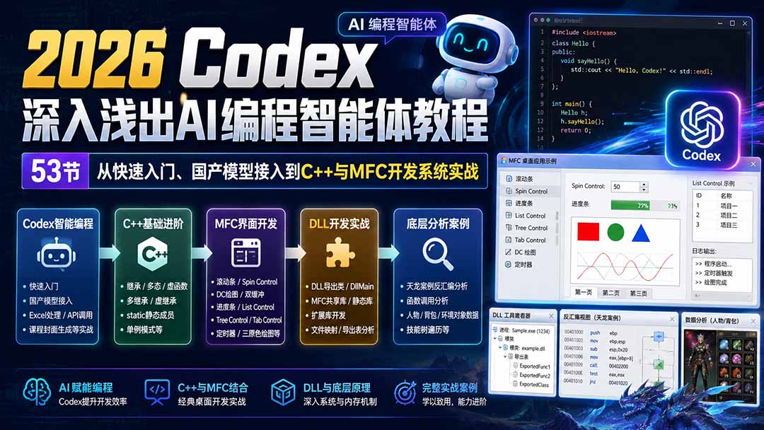2026 Codex深入浅出AI编程智能体教程：53节从快速入门、国产模型接入到C++与MFC开发系统实战-佰因轻创网