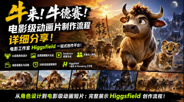牛来！牛德赛！电影级动画片制作流程详细分享！电影工作室Higgsfield一站式创作平台，完整创作流程-佰因轻创网