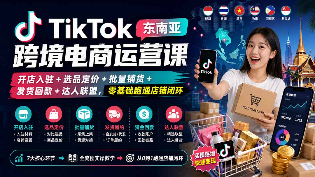 TikTok东南亚跨境电商运营课：开店入驻+选品定价+批量铺货+发货回款+达人联盟，零基础跑通店铺闭环-佰因轻创网