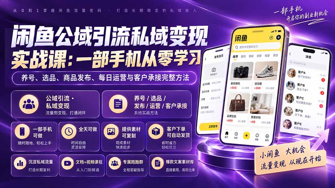 闲鱼公域引流私域变现实战课：一部手机从零学习养号、选品、商品发布、每日运营与客户承接完整方法-佰因轻创网