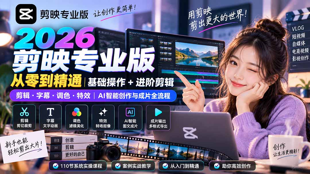 2026剪映专业版从零到精通｜基础操作+进阶剪辑｜剪辑·字幕·调色·特效｜AI智能创作与成片全流程-佰因轻创网