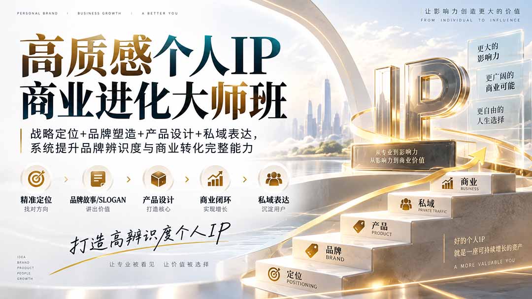 高质感个人IP商业进化大师班:战略定位+品牌塑造+产品设计+私域表达,系统提升品牌辨识度与商业转化完整能力-佰因轻创网