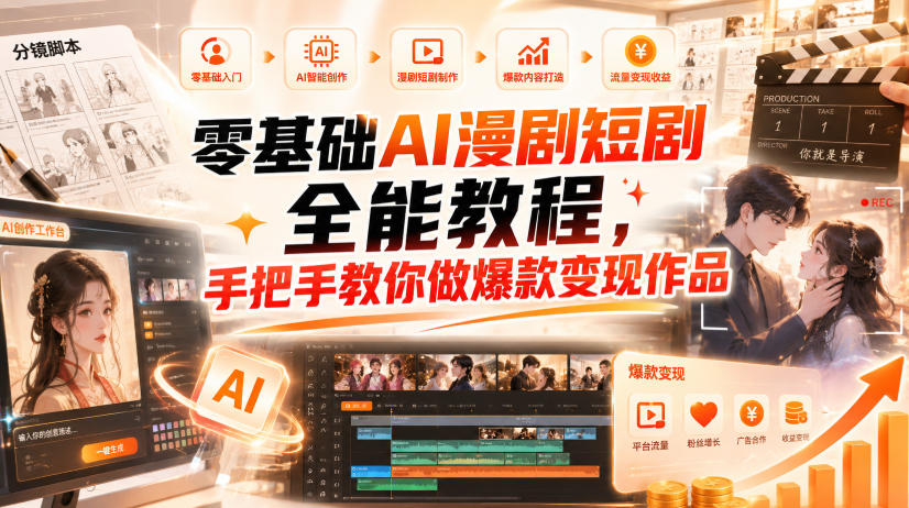 零基础AI漫剧短剧全能教程，从AI智能体搭建、文案脚本分镜、多平台AI生视频、剪映精修，覆盖全题材创作，手把手教你做爆款变现作品-佰因轻创网