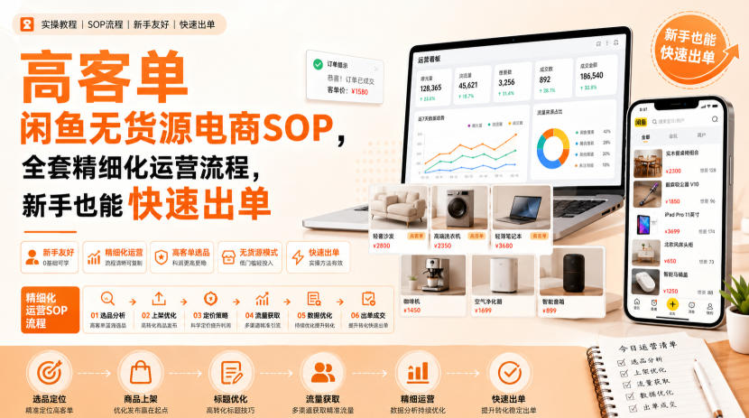 高客单闲鱼无货源电商SOP，全套精细化运营流程，新手也能快速出单-佰因轻创网