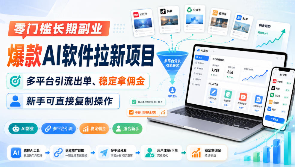 零门槛长期副业，爆款AI软件拉新项目，多平台引流出单、稳定拿佣金，新手可直接复制操作-佰因轻创网