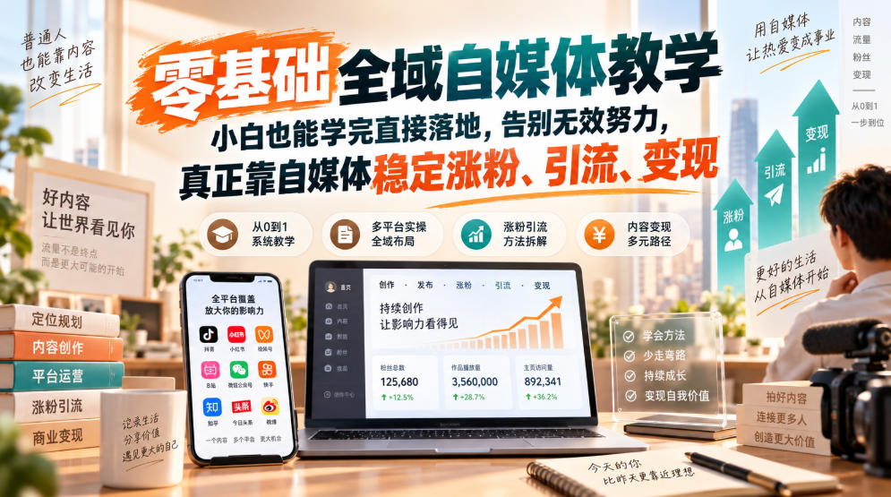 零基础全域自媒体教学，小白也能学完直接落地，告别无效努力，真正靠自媒体稳定涨粉、引流、变现-佰因轻创网