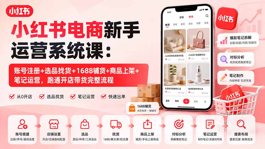 小红书电商新手运营系统课：账号注册+选品找货+1688铺货+商品上架+笔记运营，跑通开店带货完整流程-佰因轻创网