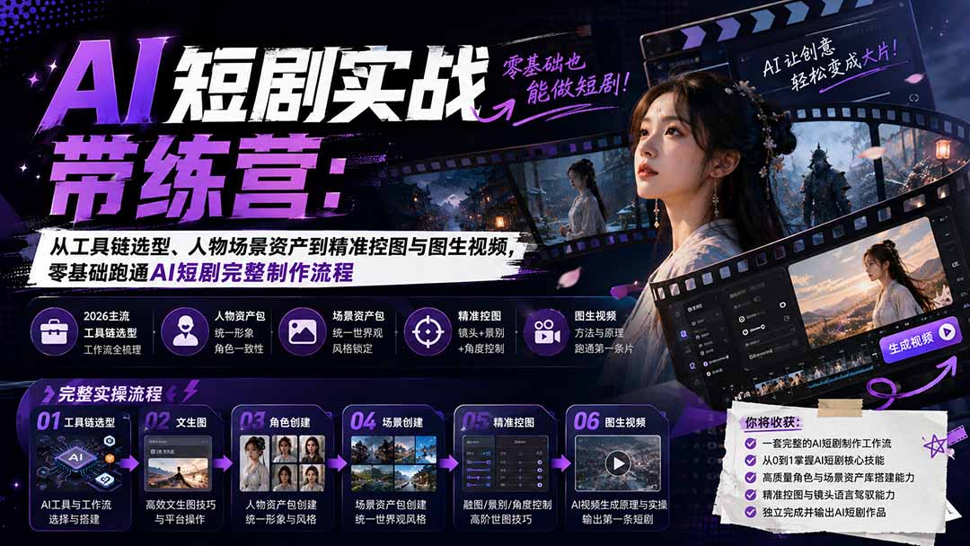 AI短剧实战训练营：从工具链选型、人物场景资产到精准控图与图生视频，零基础跑通AI短剧完整制作流程-佰因轻创网