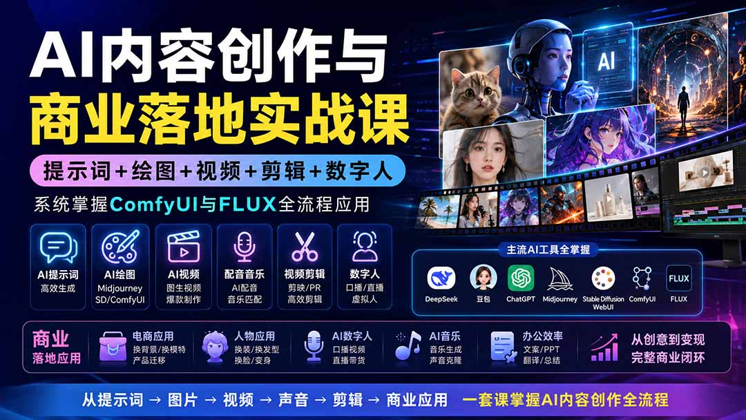 AI内容创作与商业落地实战课：提示词+绘图+视频+剪辑+数字人，系统掌握ComfyUI与FLUX全流程应用-佰因轻创网